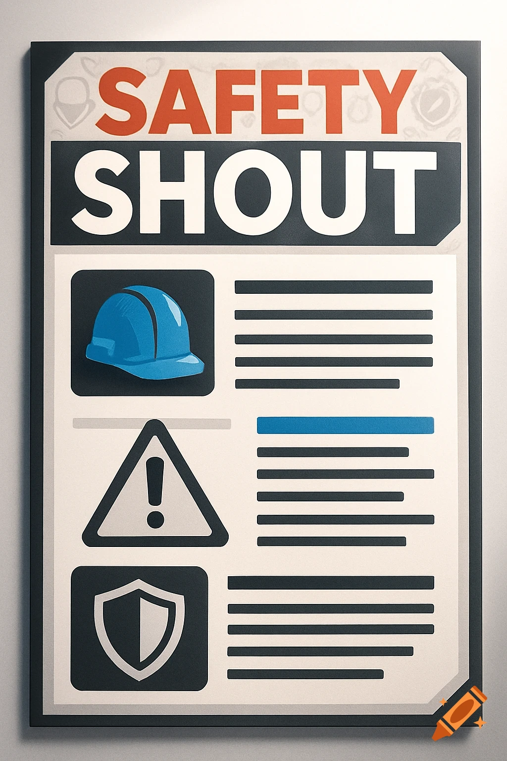 A safety poster with 'SAFETY SHOUT' at the top, a blue hard hat, warning sign, and shield icons.