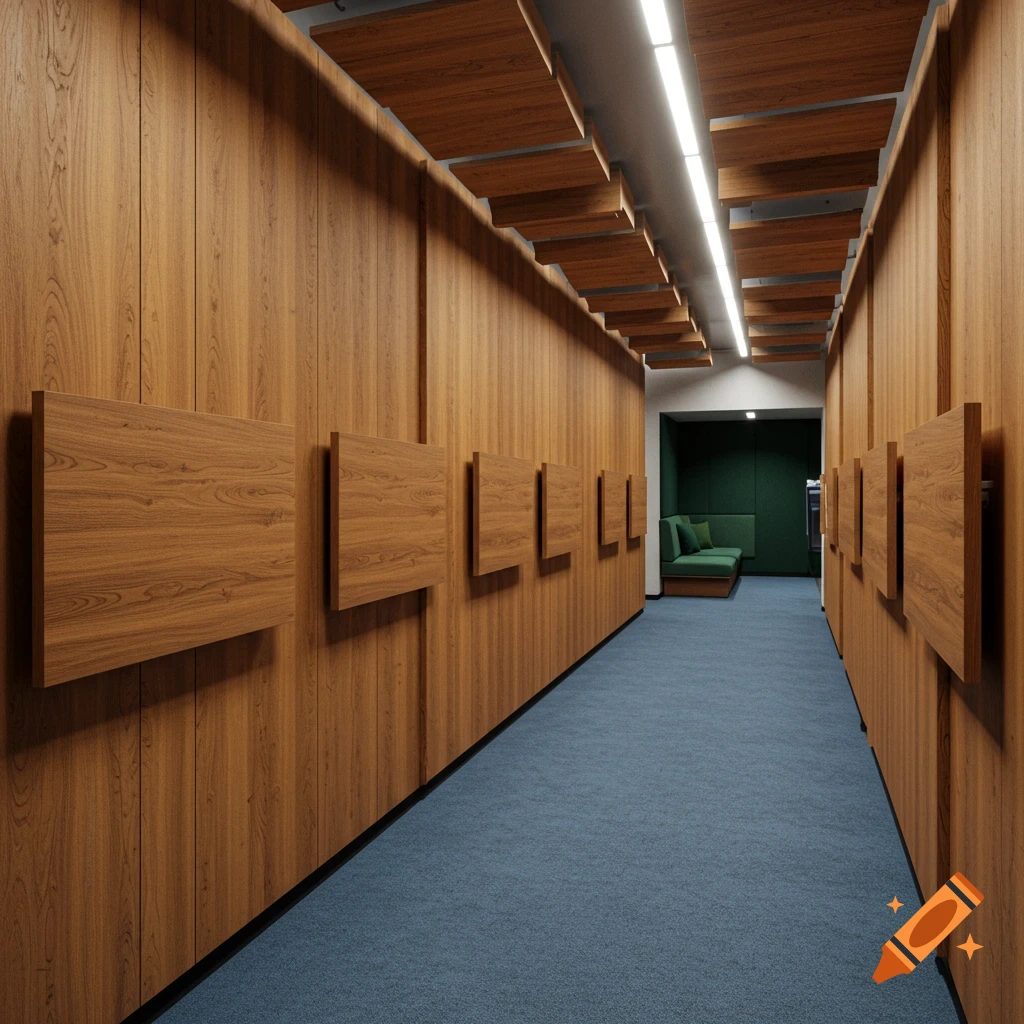 A modern hallway with wooden walls, blue carpet, and ceiling acoustic panels, leading to a green sofa.