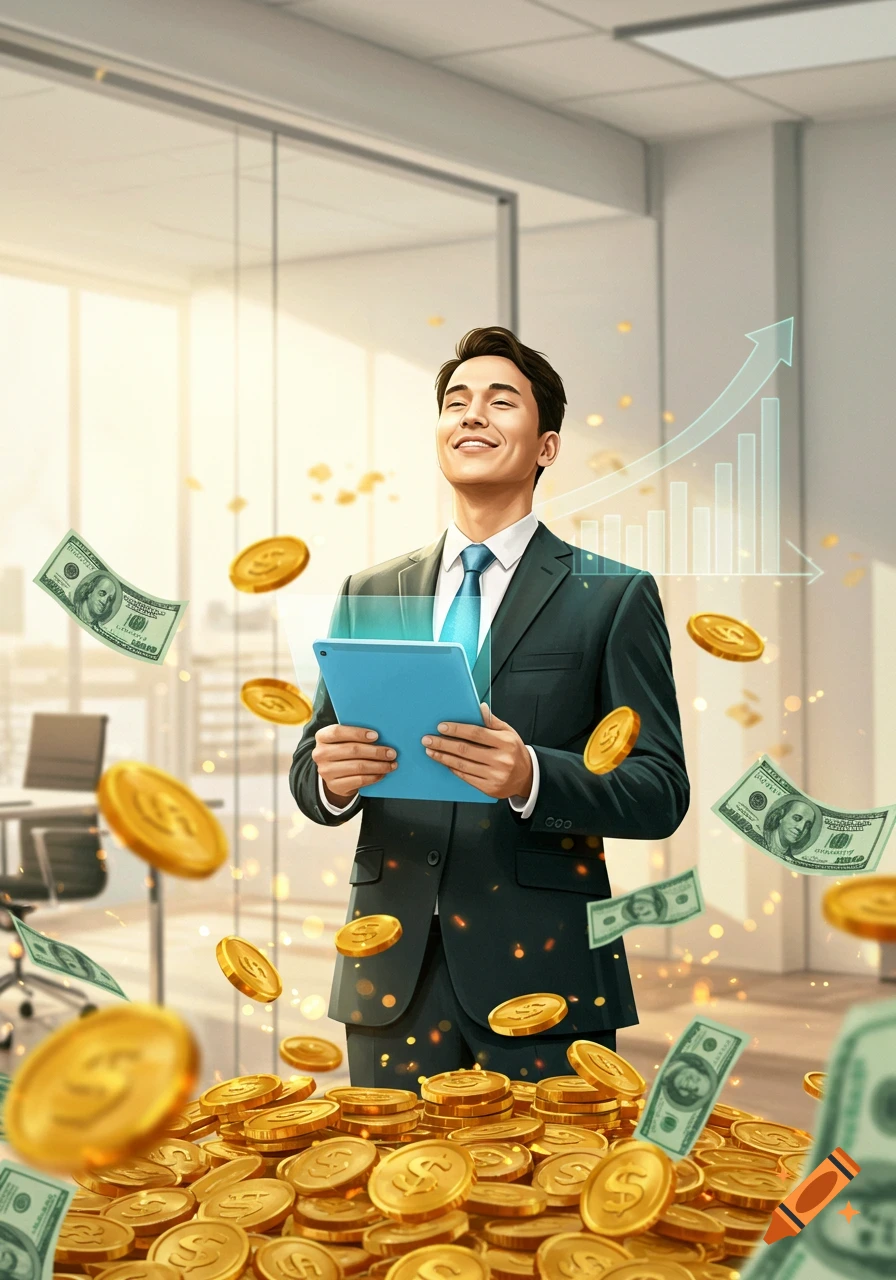 Happy man in a suit, holding a tablet, surrounded by falling money and a financial graph in a modern office.
