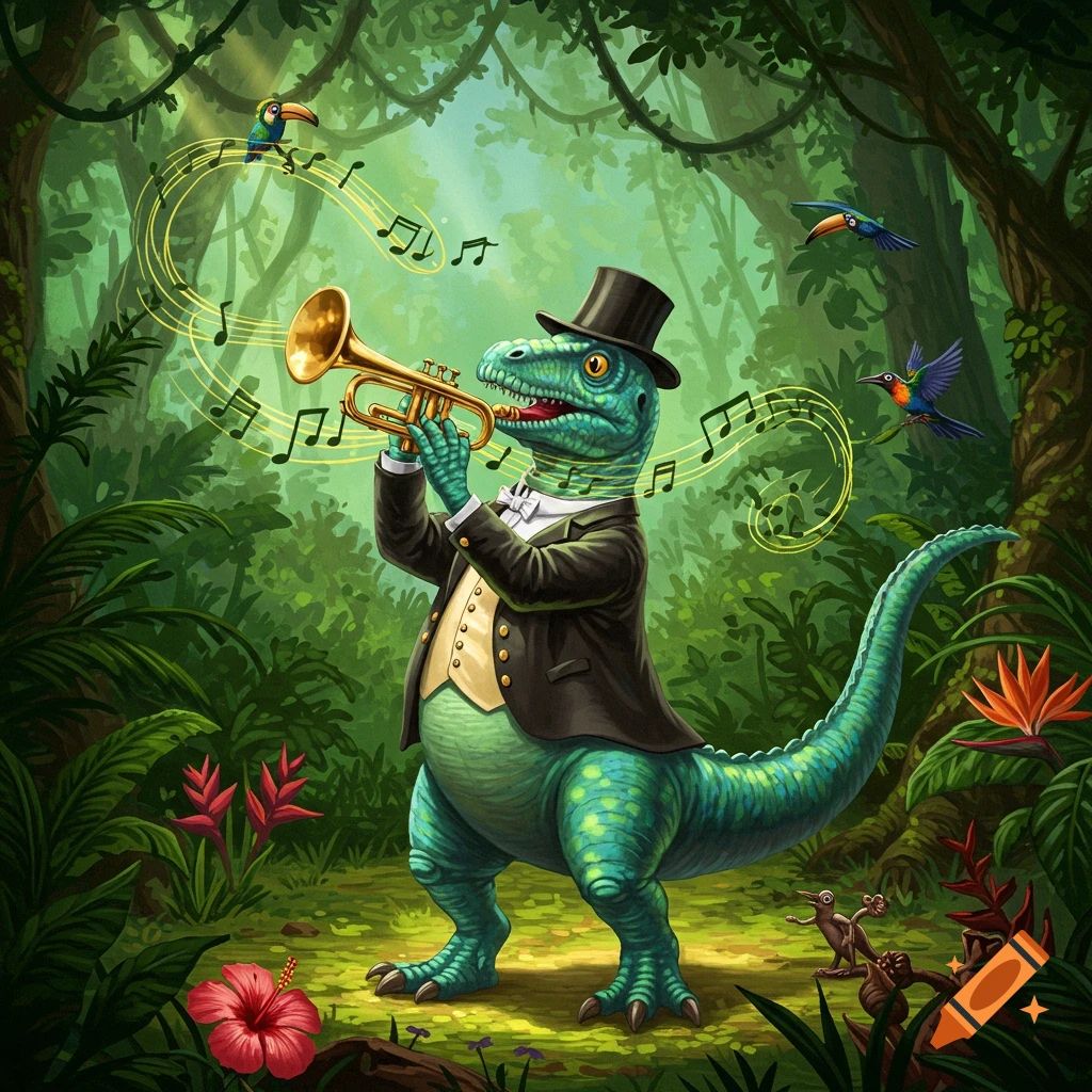 A cartoonish dinosaur in a top hat and suit plays a trumpet in a vibrant jungle with floating musical notes and exotic birds.