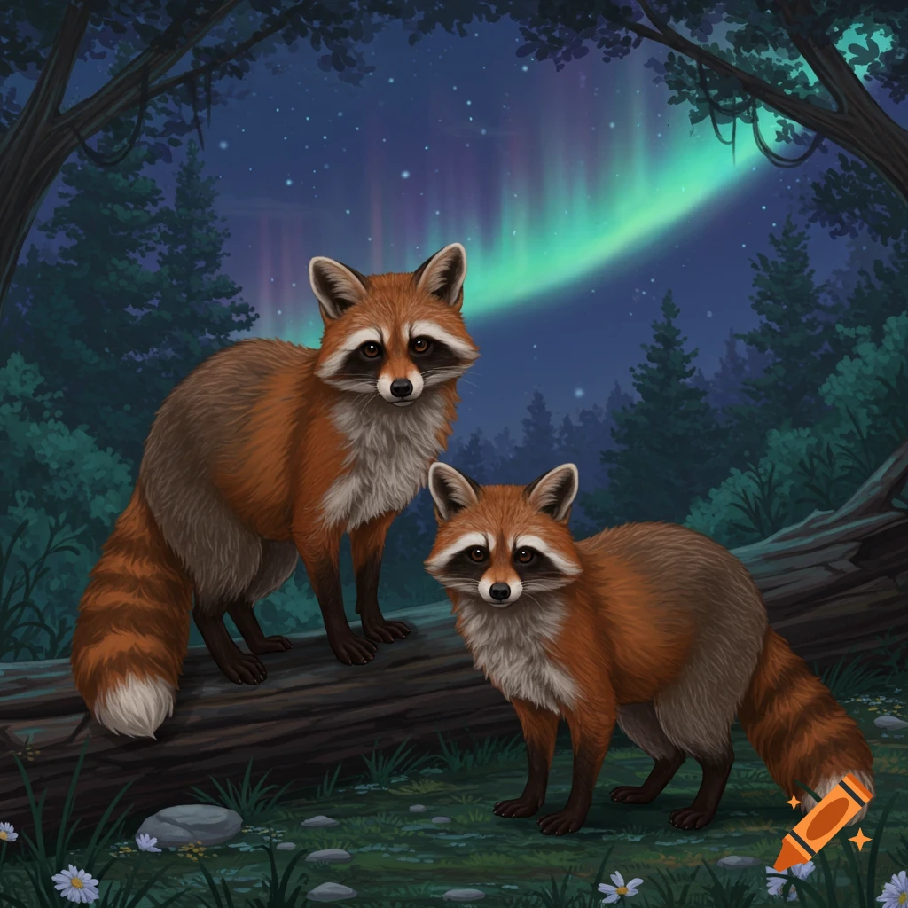 Two fox-raccoon hybrids stand on a log in a dark forest with a vibrant aurora borealis, digital illustration.