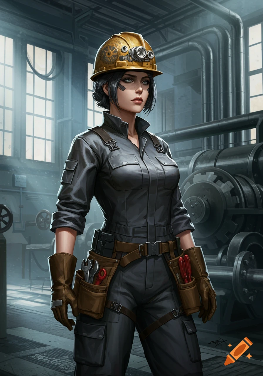 An illustrated woman in a gray industrial jumpsuit, brown tool belt, gloves, and gold hard hat stands in a factory setting.