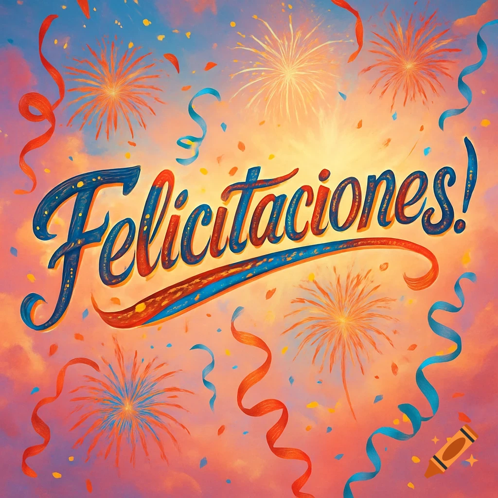 Stylized 'Felicitaciones!' text surrounded by colorful fireworks, confetti, and ribbons against a vibrant sky.