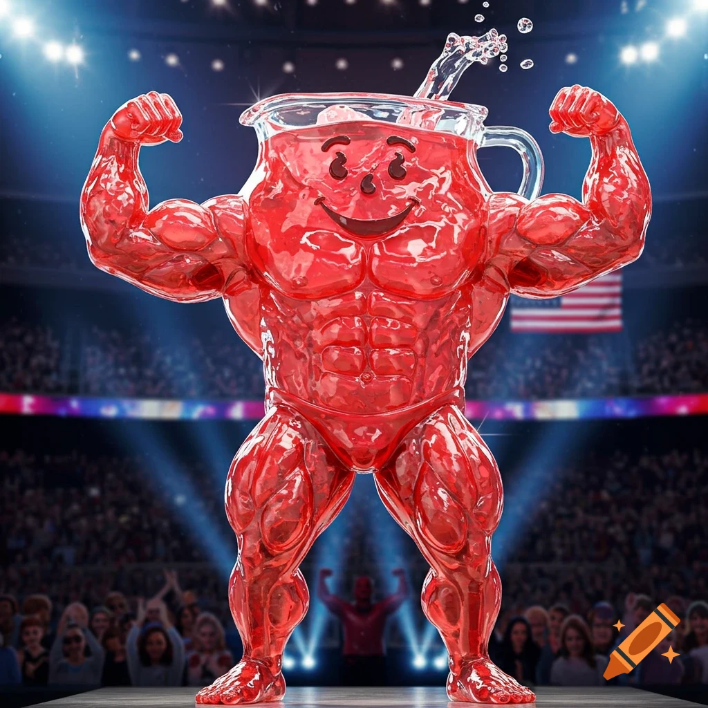 Photorealistic muscular Kool-Aid Man, made of red liquid, flexing on a stage in a wrestling stadium.