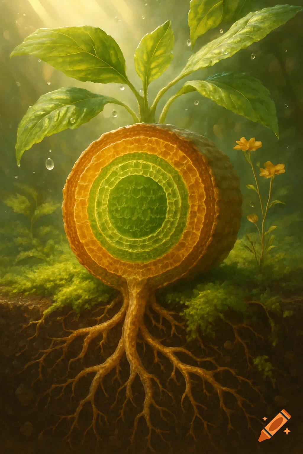 Stylized cross-section of a plant showing roots in soil, concentric internal layers, green leaves, and water droplets, digital art.