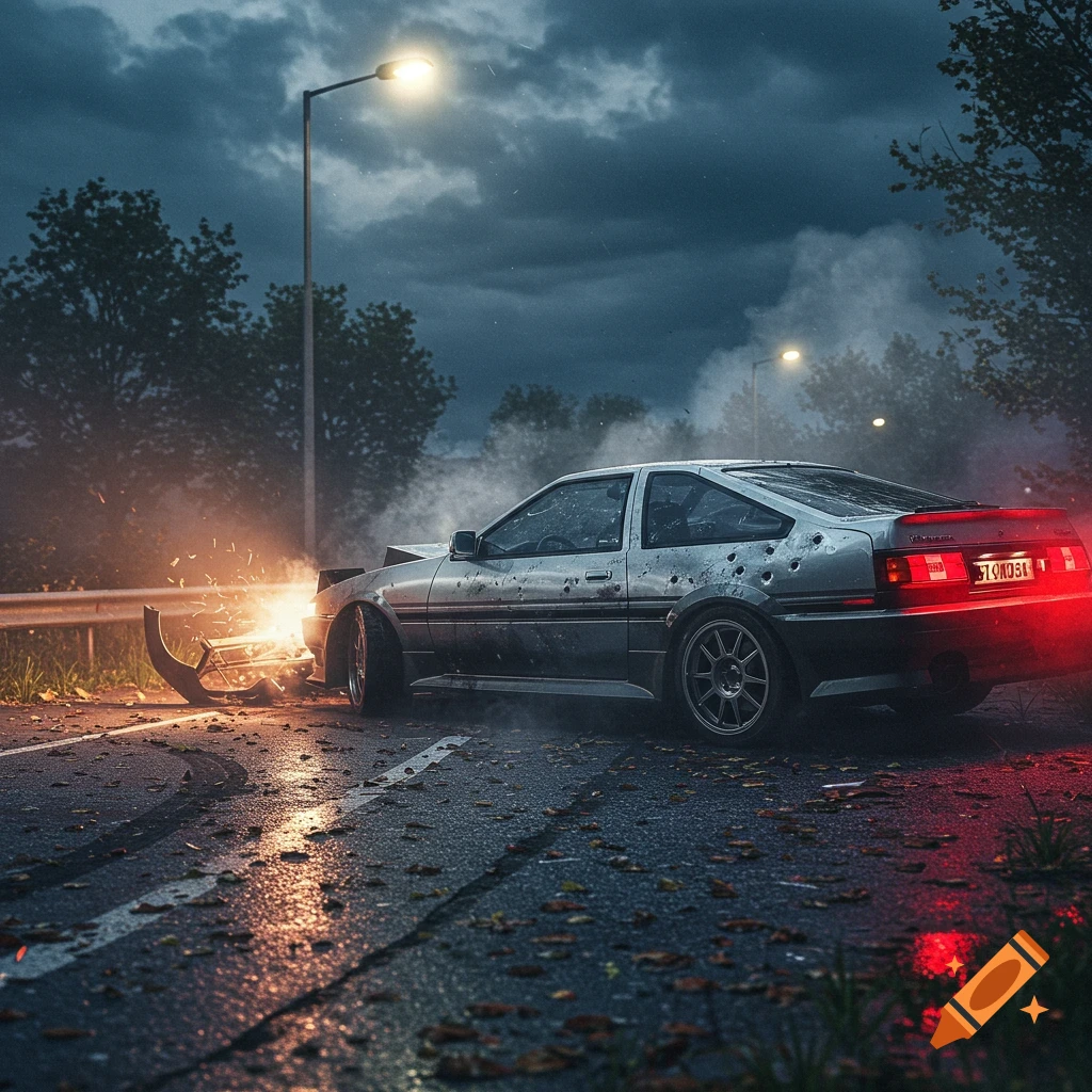 A silver coupe, riddled with bullet holes and front-end damage, sparks on a wet road at night under a stormy sky.