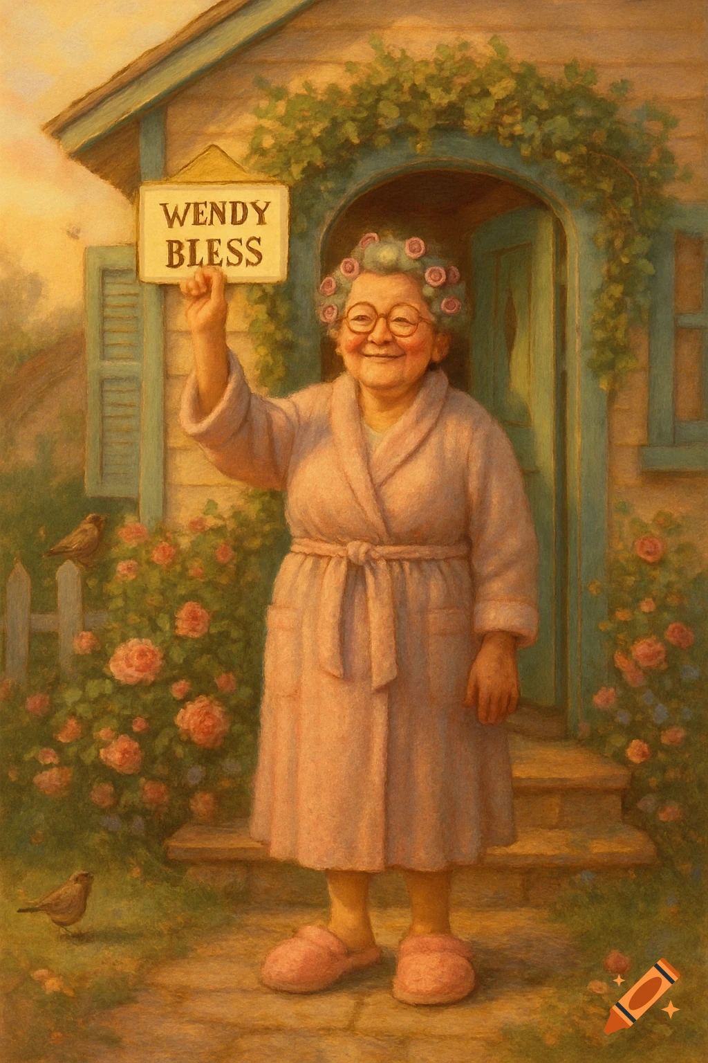 Painterly illustration of a smiling elderly woman in a pink dressing gown and curlers holding a 'WENDY BLESS' sign outside a cottage with roses.