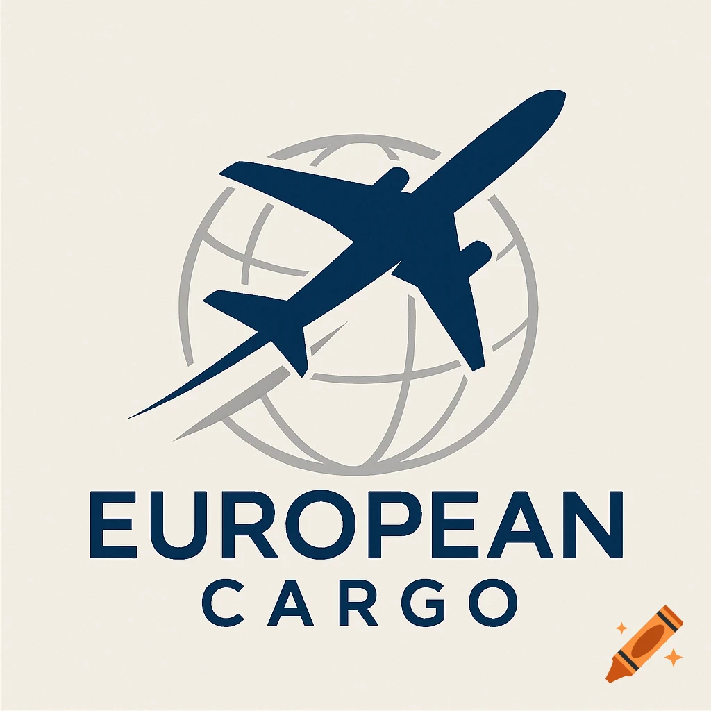 A minimalist logo for European Cargo, featuring a dark blue airplane flying over a gray globe.