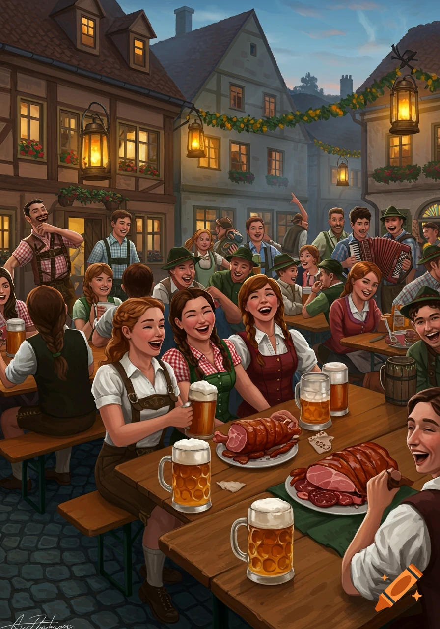 Lively illustration of German people in traditional attire celebrating in a town square, eating ham, and drinking beer.
