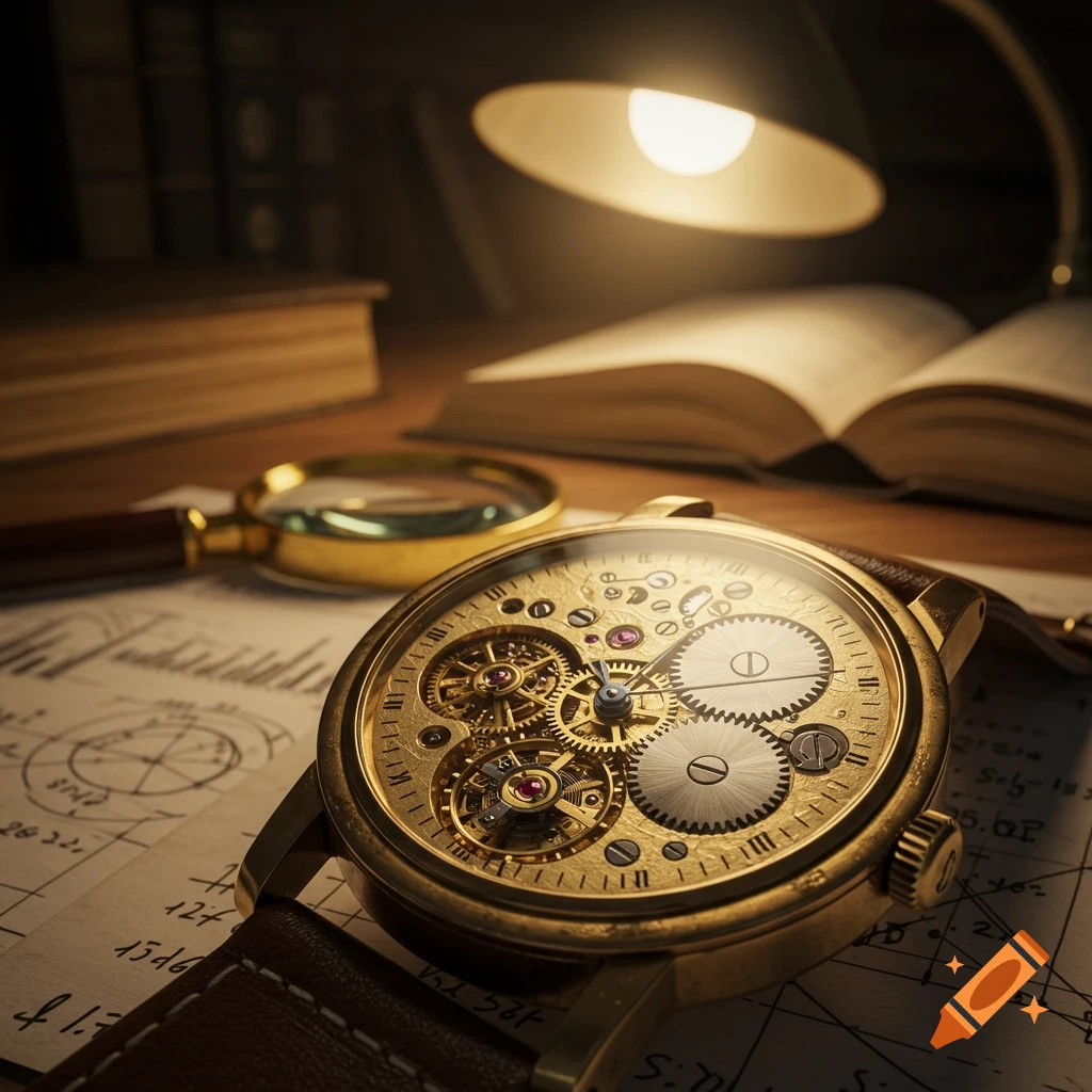 Close-up of a gold mechanical watch with exposed gears, lying on paper with diagrams and numbers. A magnifying glass, books, and a lit desk lamp are in the background. Photorealistic style.