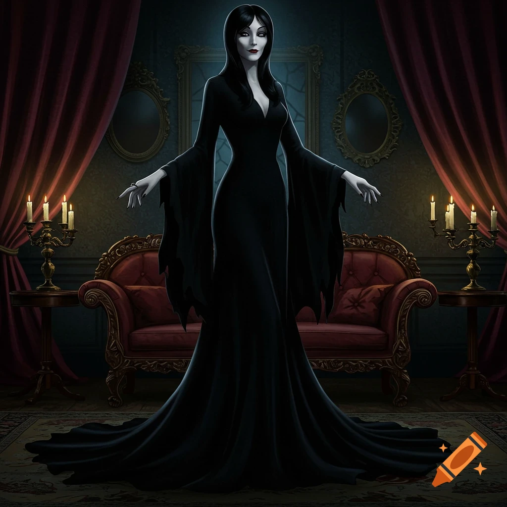 Stylized illustration of Morticia Addams in a flowing black dress, standing in a dark, gothic room.