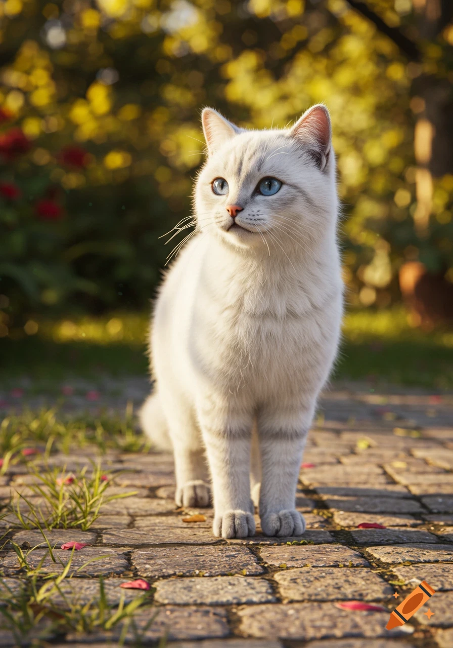 A white cat with bright blue eyes stands on a cobblestone path in a sunlit garden, photorealistic.