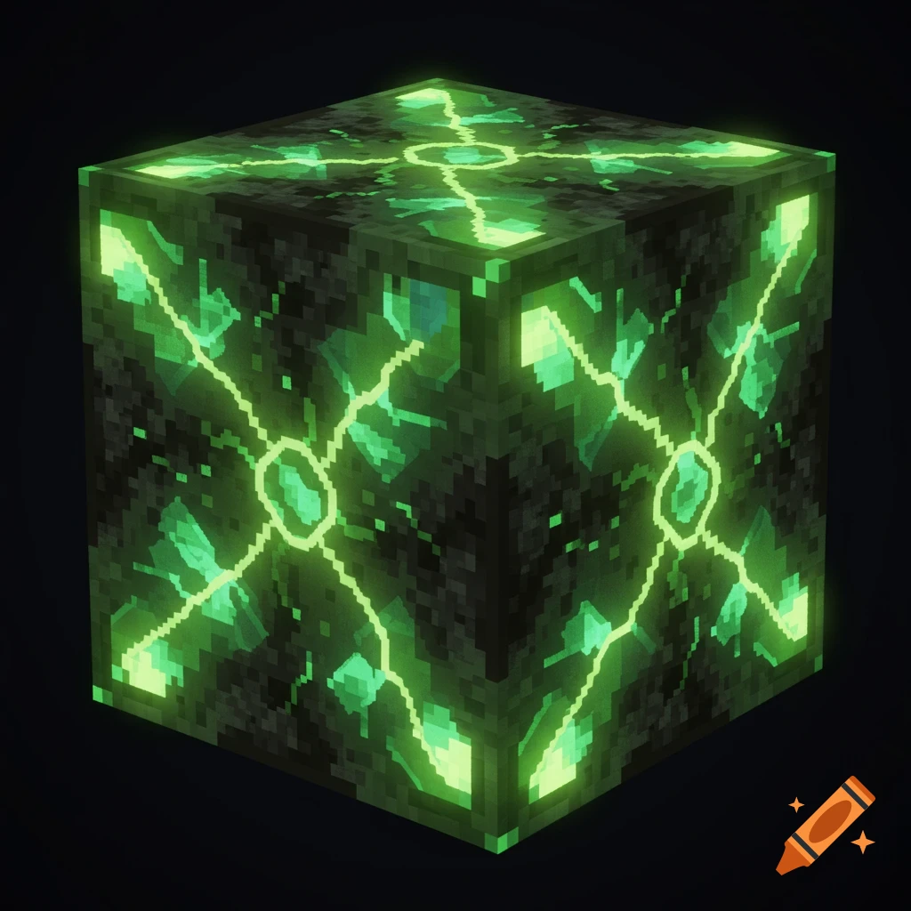 A pixelated, dark gray cube with glowing green veins and patterns, resembling a Minecraft uranium ore block.