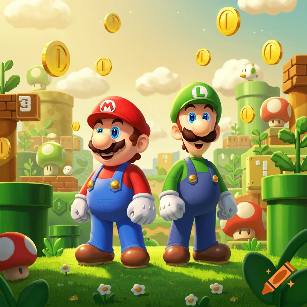 Mario and Luigi stand in a vibrant, cartoon Super Mario Bros. landscape with coins, mushrooms, and pipes.