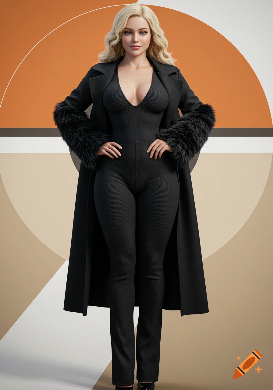 Photorealistic image of a blonde woman in a black jumpsuit and long coat against an orange and beige abstract background.