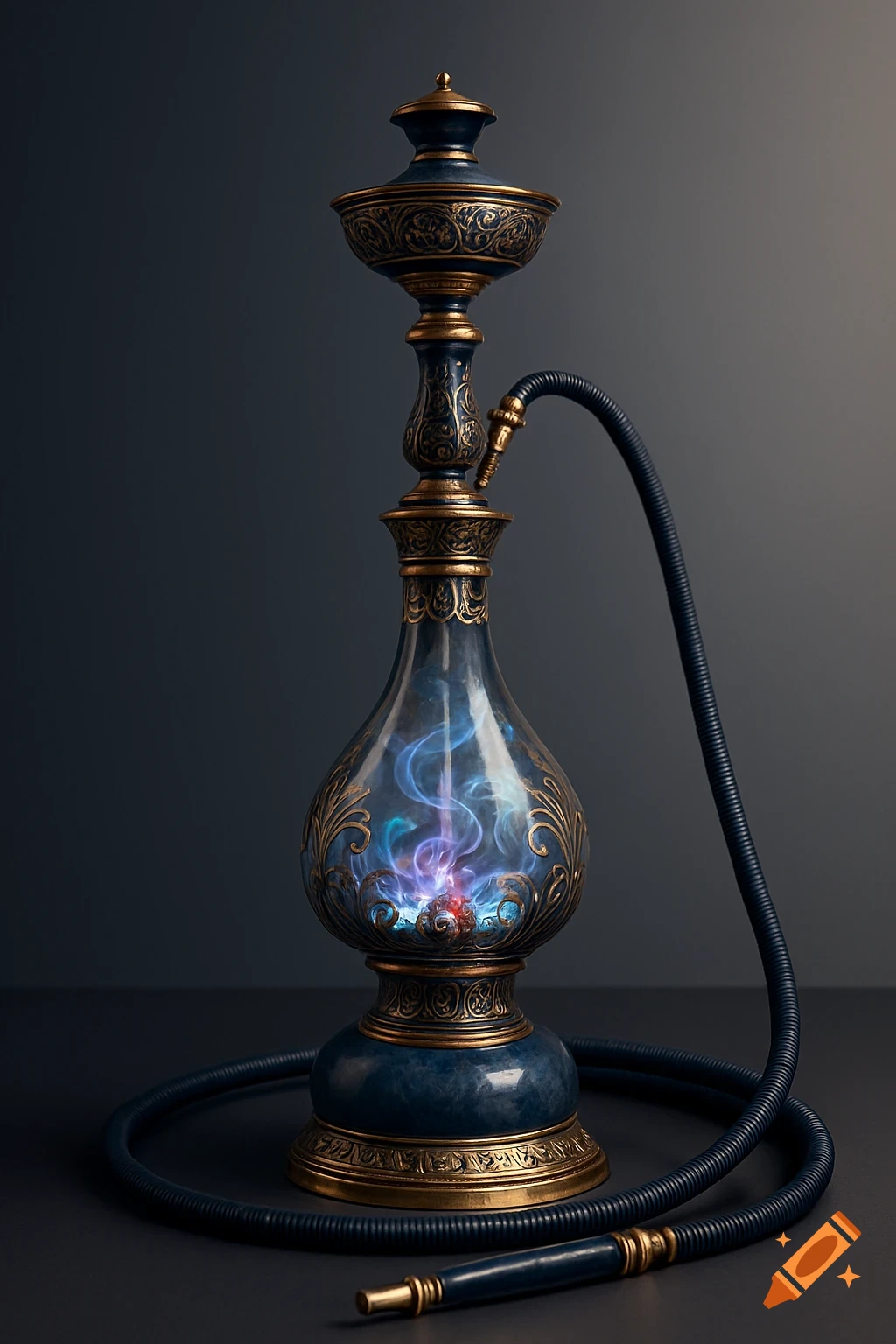 An ornate blue and gold hookah with glowing magical smoke inside its glass body, against a dark background.