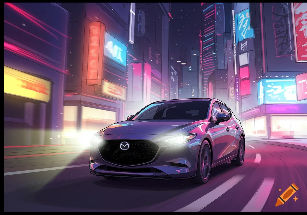 A purple Mazda 3 drives down a neon-lit city street at night, in a comic art style.