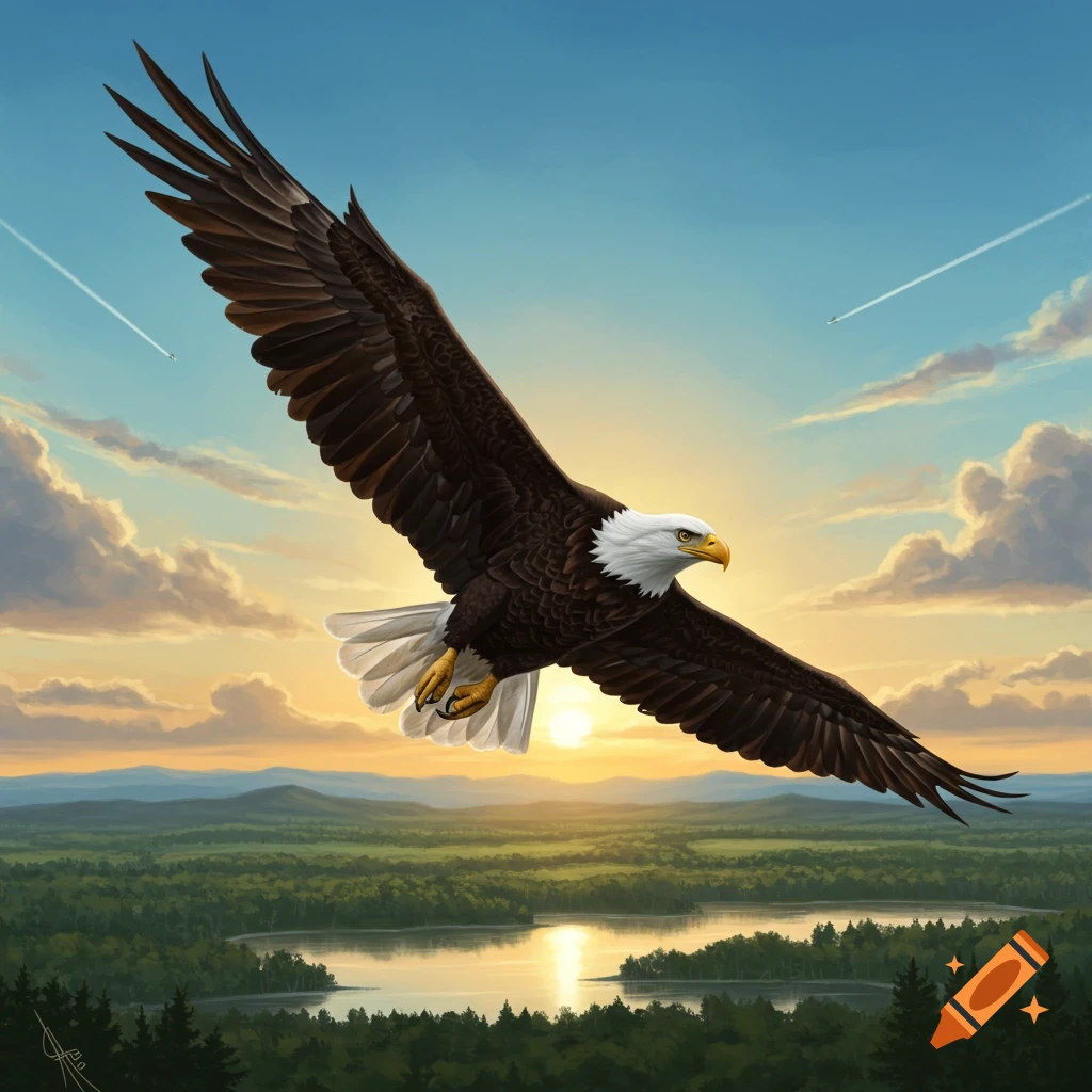 A majestic bald eagle soars with outstretched wings above a lush forest, reflective lake, and mountains during a golden sunset.