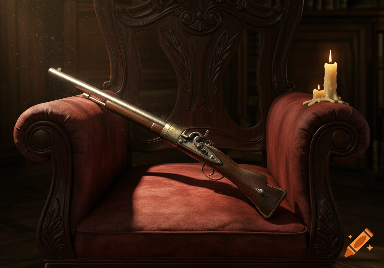 Vintage blunderbuss rifle on a red velvet armchair, with a lit candle melting on the armrest in a dimly lit, photorealistic setting.