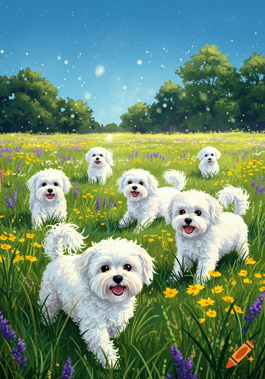 Fluffy white Bichon Maltese dogs happily stand in a vibrant field of yellow and purple wildflowers under a bright blue sky, illustration.