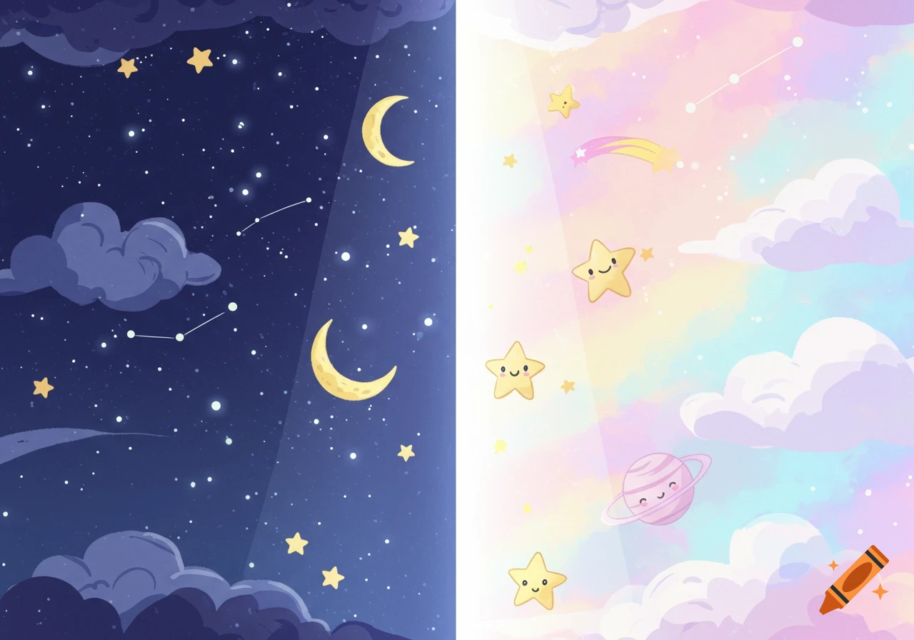 Cartoon of a split sky: dark night with stars and moons on left, pastel rainbow day with smiling stars and planet on right.