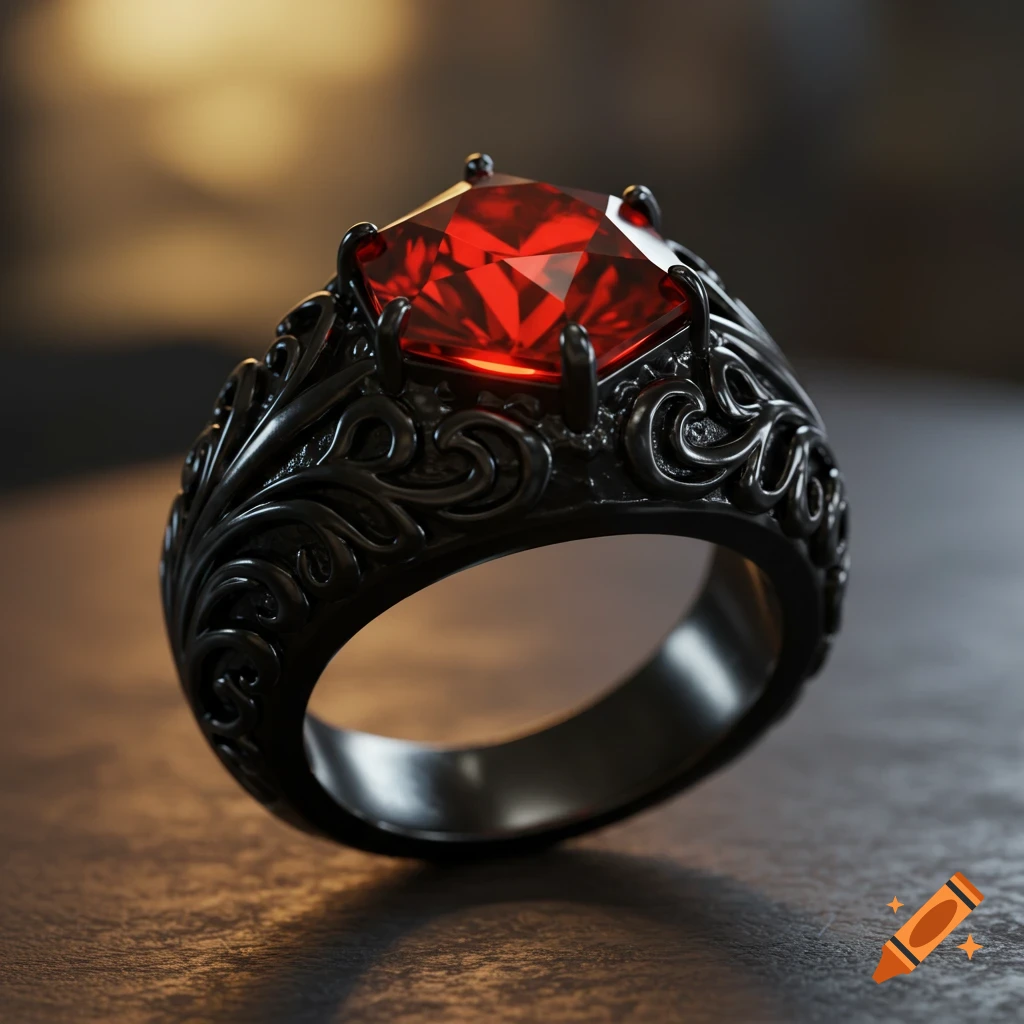 A dark silver ring with intricate arabesque carvings and a large, faceted red gemstone.