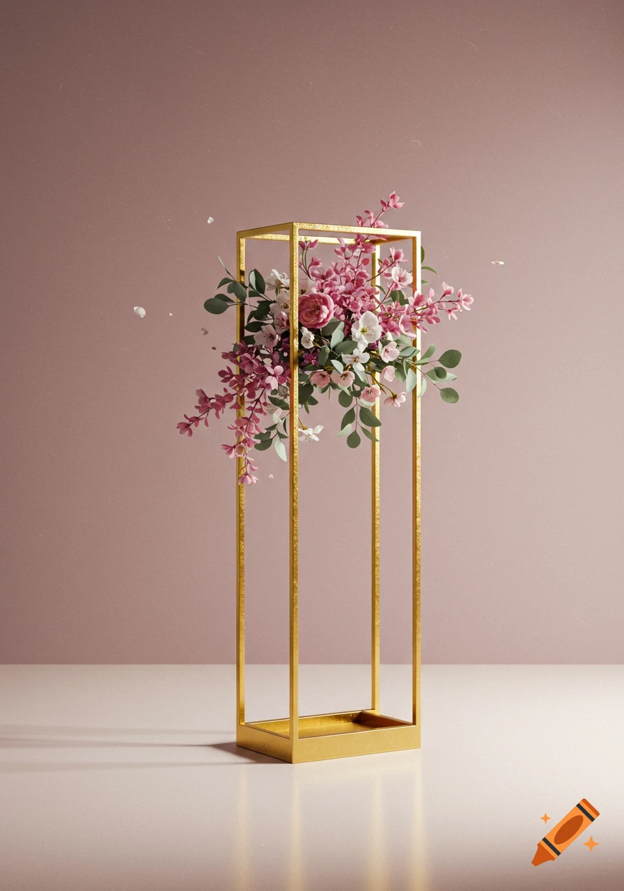 A tall gold rectangular centerpiece with pink, purple, and white flowers cascading from the top against a blush pink background.
