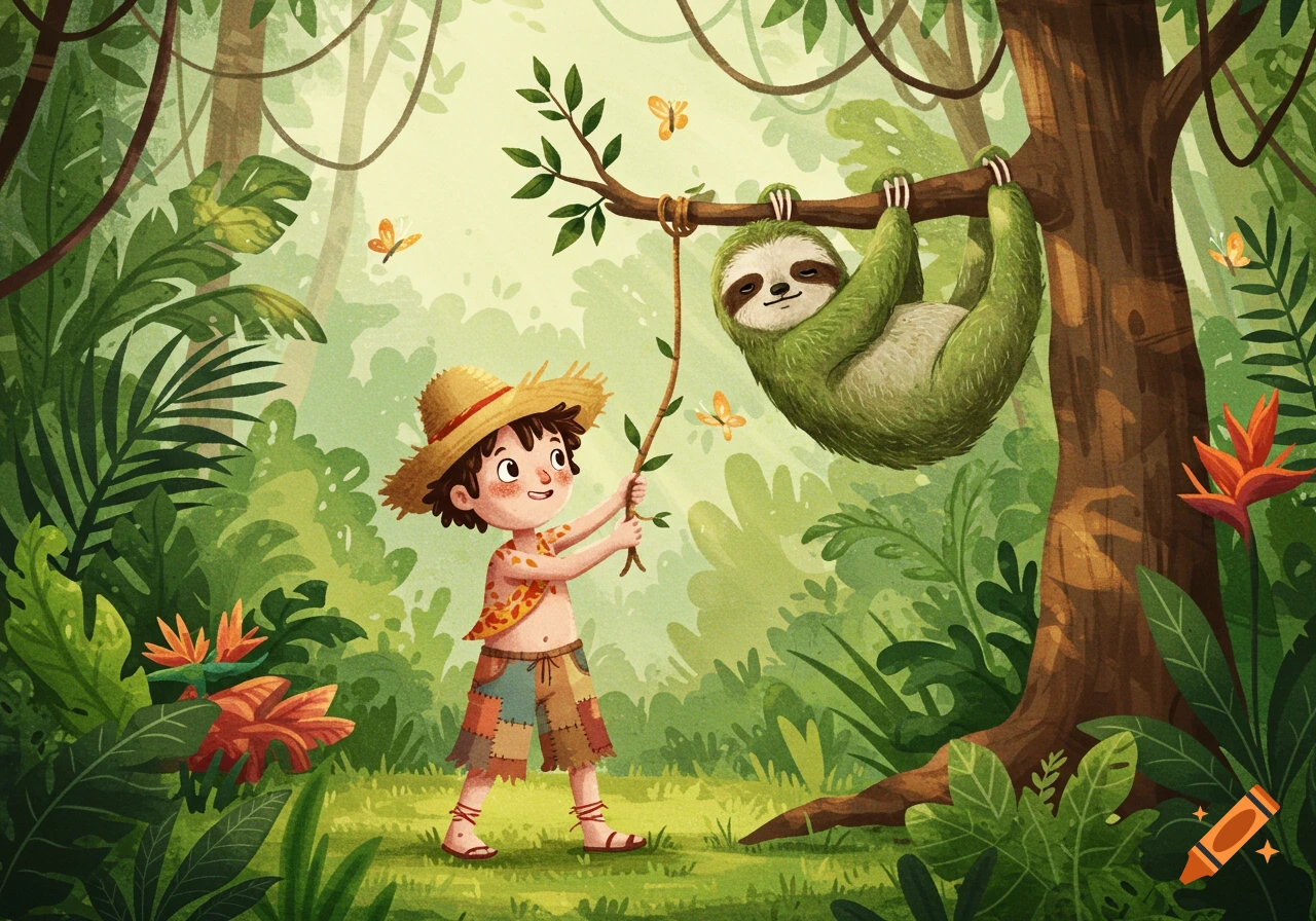 Cartoon illustration of a child in a straw hat holding a vine, looking at a sloth hanging from a tree branch in a vibrant jungle.