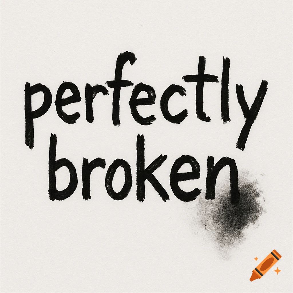 Hand-drawn text "perfectly broken" in black marker with an ink smudge on a white background.