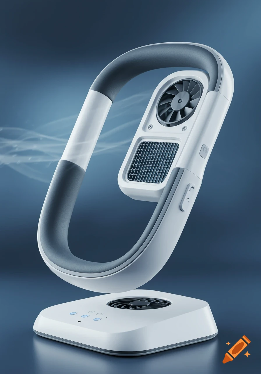 White and gray U-shaped neck cooler with a cooling plate and fan, floating above a matching base.