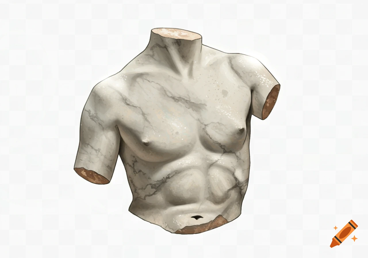 An unfinished white marble statue of a male torso, depicted in a clipart style with a transparent background.