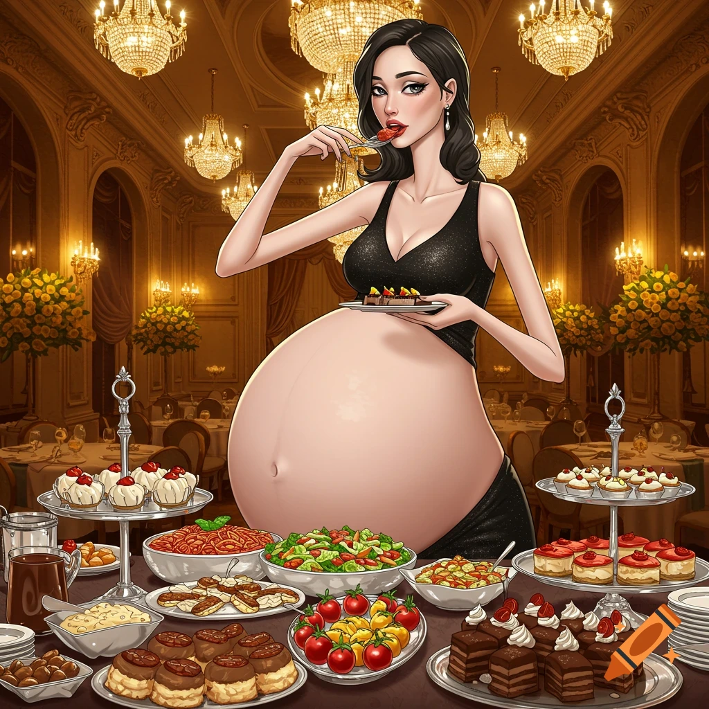 Stylized illustration of a massively pregnant woman in a black dress eating dessert at a fancy buffet.