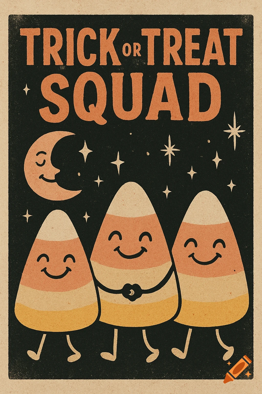 Retro Halloween poster with three smiling candy corns, a crescent moon, and stars. Text: 'TRICK OR TREAT SQUAD'.