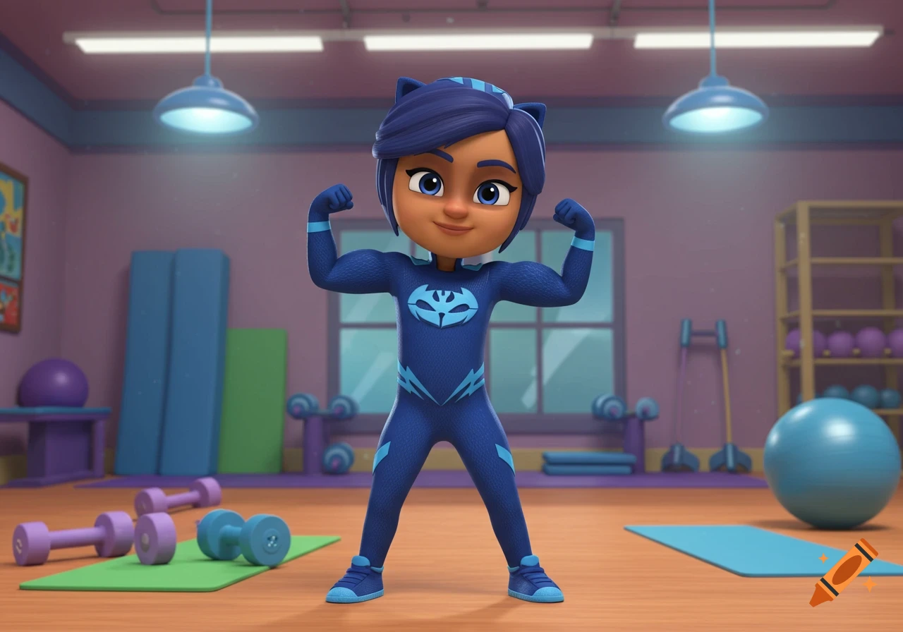 Catboy's mom, a blue-suited cartoon superhero, flexes her biceps in a colorful gym.