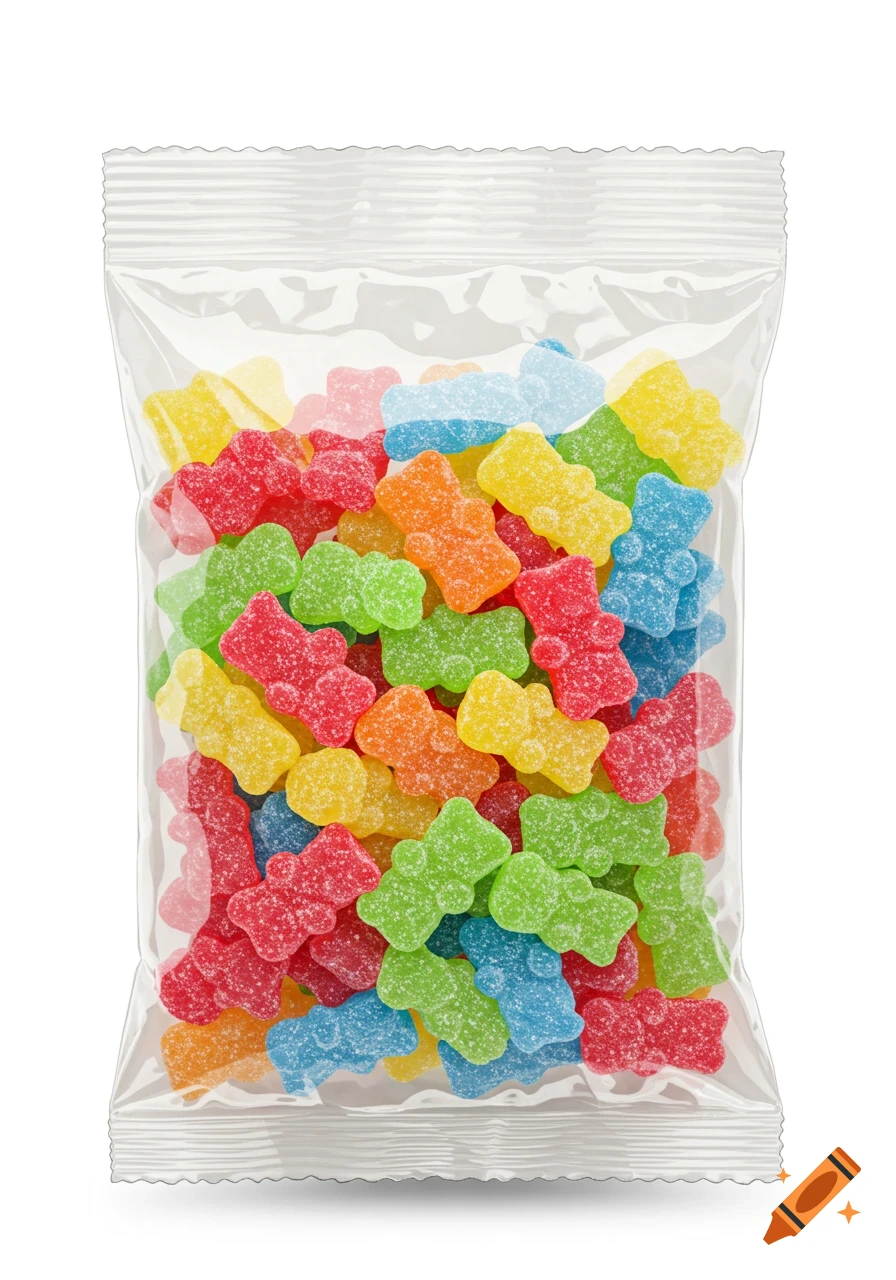 A clear plastic bag filled with colorful, sugar-coated gummy bear candies, isolated on a white background.