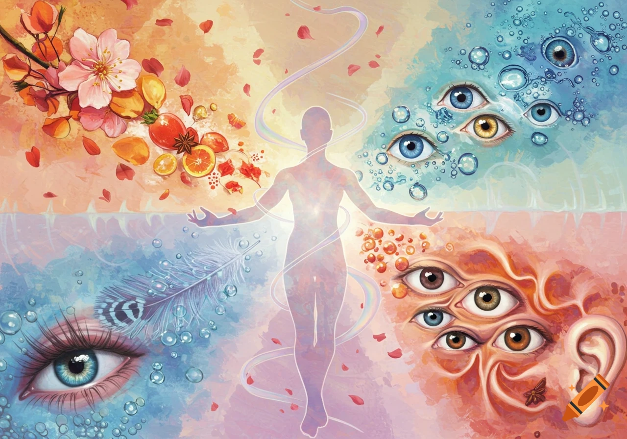 Vibrant abstract illustration of human senses, featuring a silhouette surrounded by multiple eyes, an ear, fruits, flowers, and a feather.