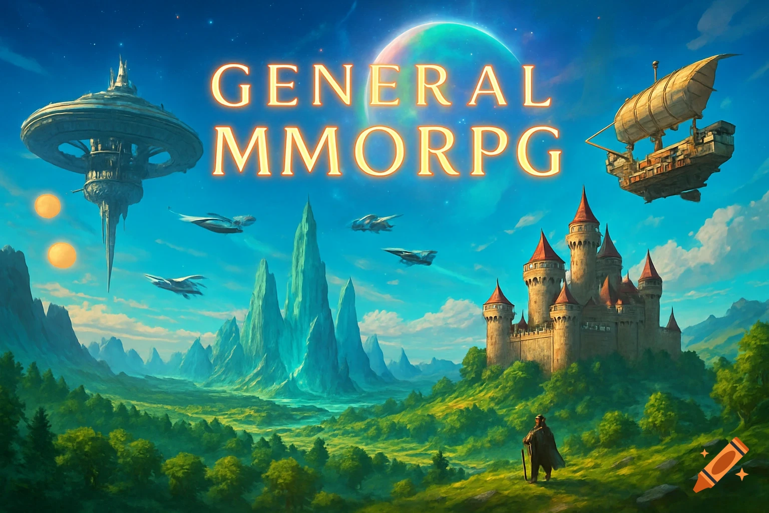 Vivid fantasy and sci-fi landscape featuring a castle, futuristic space station, airships, and a lone figure, under text 'GENERAL MMORPG'.