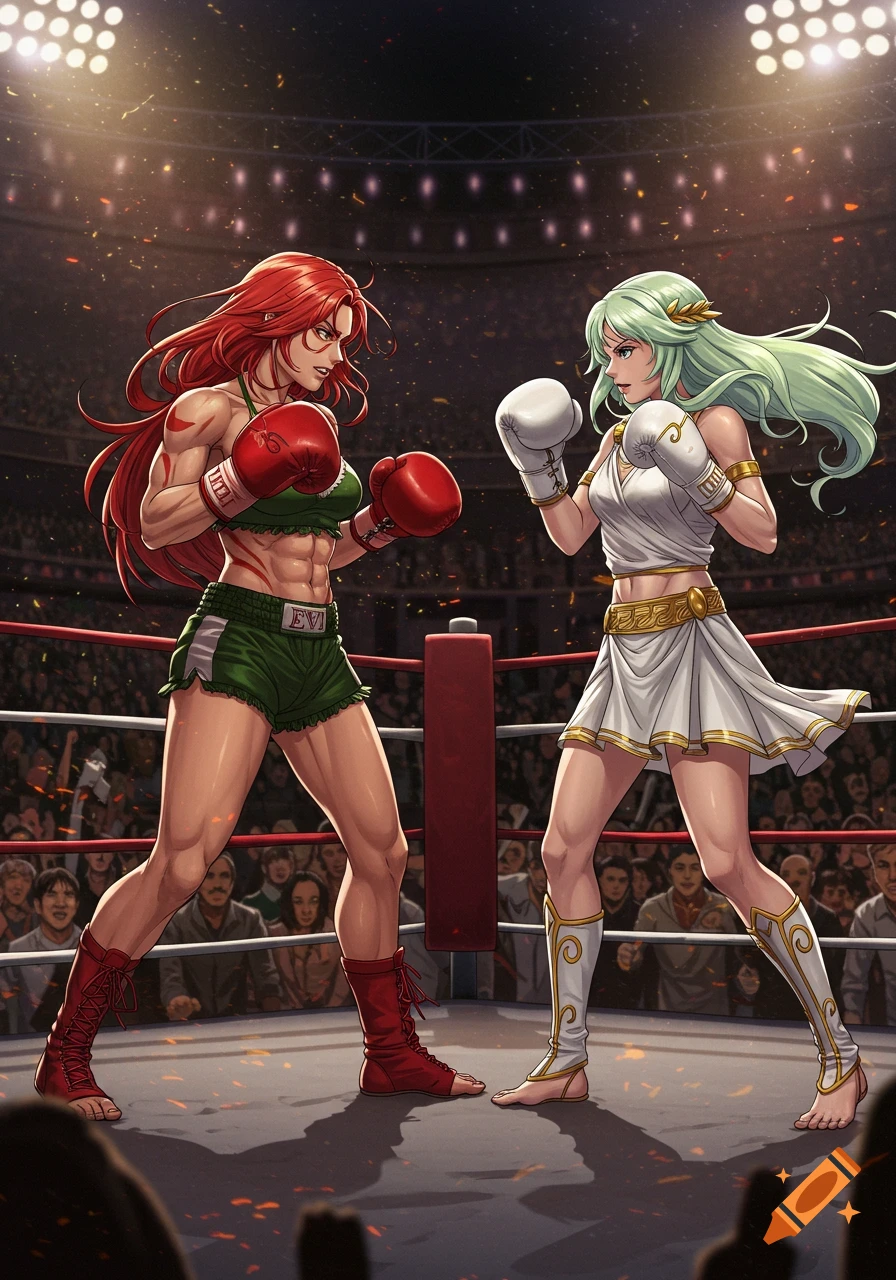 Two muscular anime women, one with red hair and green outfit, the other with light green hair and white Greek attire, face off in a boxing ring.