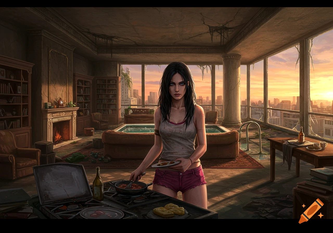 A woman with dark hair cooks on a ruined stovetop in a decaying penthouse overlooking a city at sunset, digital art.