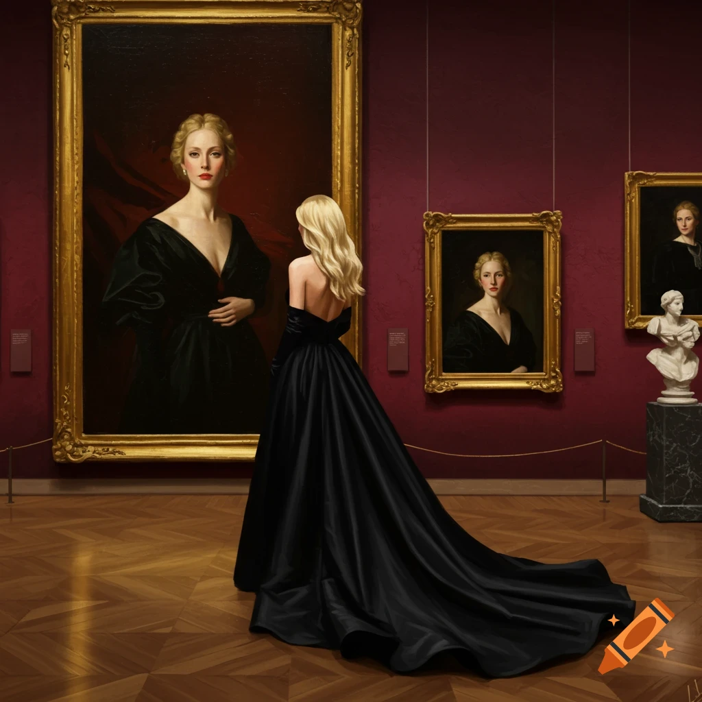 A blonde woman in a long black gown stands in an art gallery, viewing a large portrait of herself on a red wall.