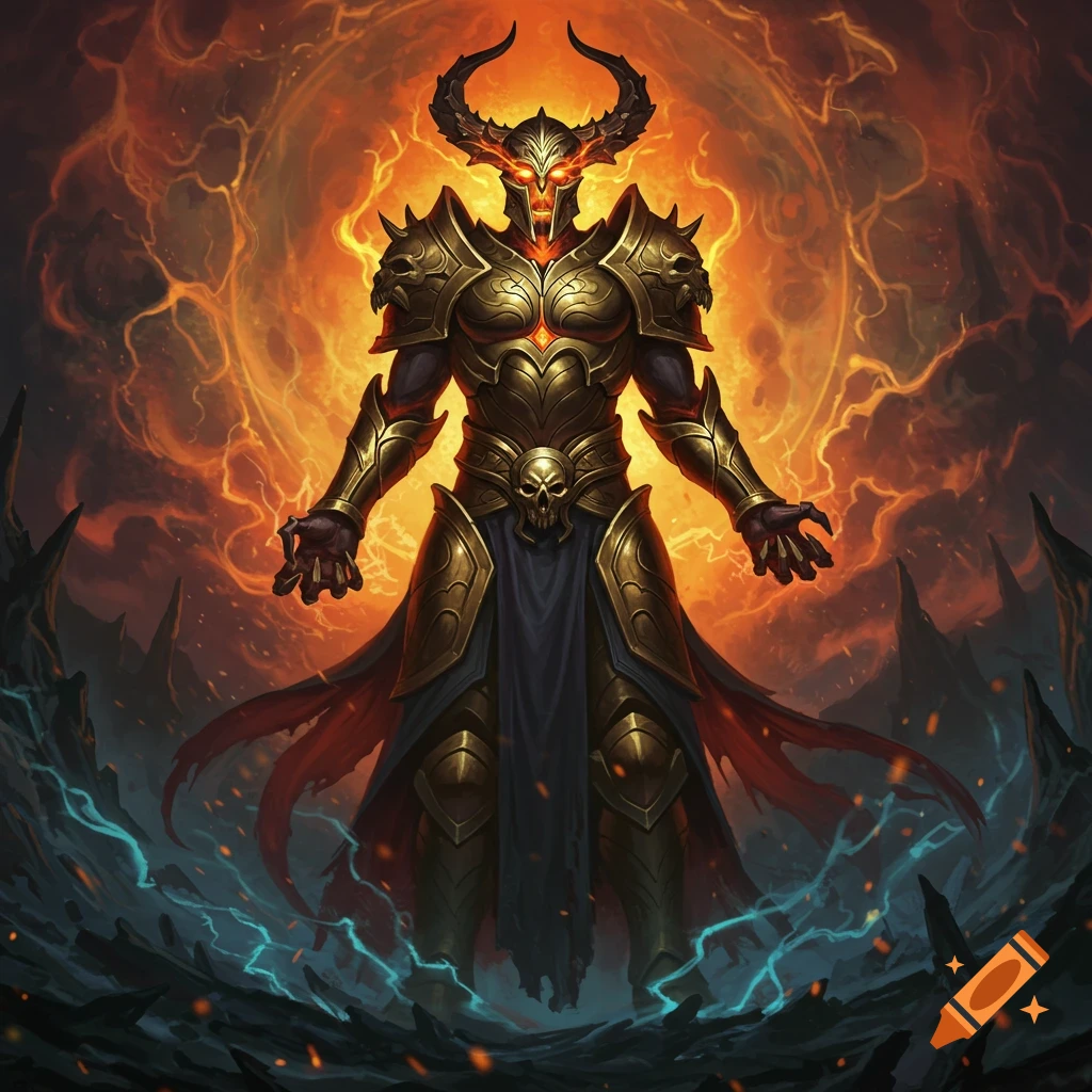 A menacing, horned demon in ornate golden armor stands amid a fiery, hellish landscape with blue lightning.