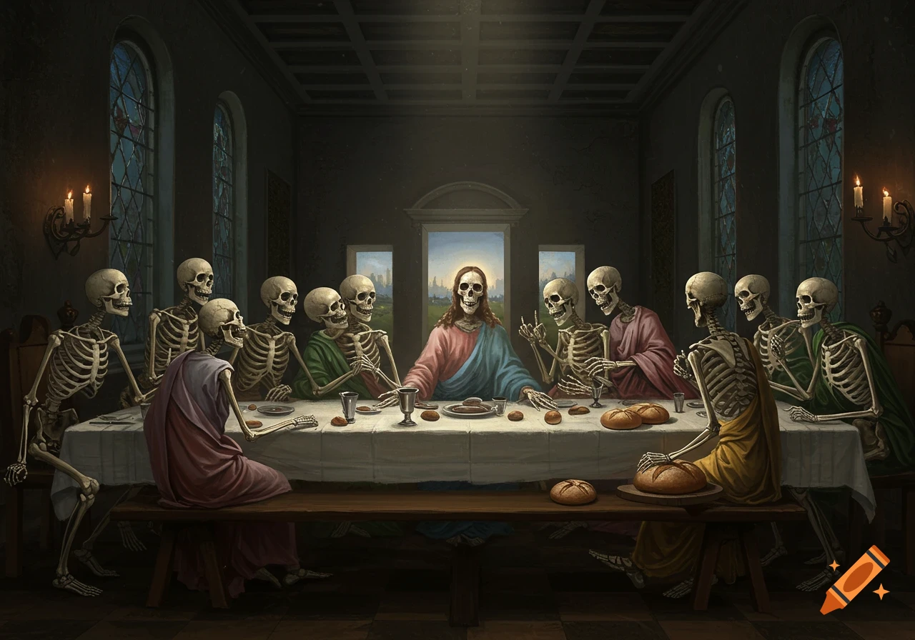 Dark, painterly reimagining of The Last Supper with Jesus and apostles as skeletons at a long table in a dim hall.