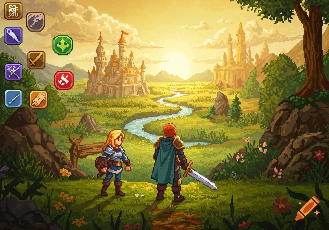Pixel art fantasy landscape with two adventurers looking at castles and a river at sunset, with game UI icons.
