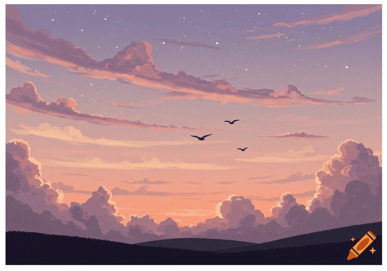 Digital painting of a sunset sky with pink and purple clouds, scattered stars, and three birds flying over dark hills.