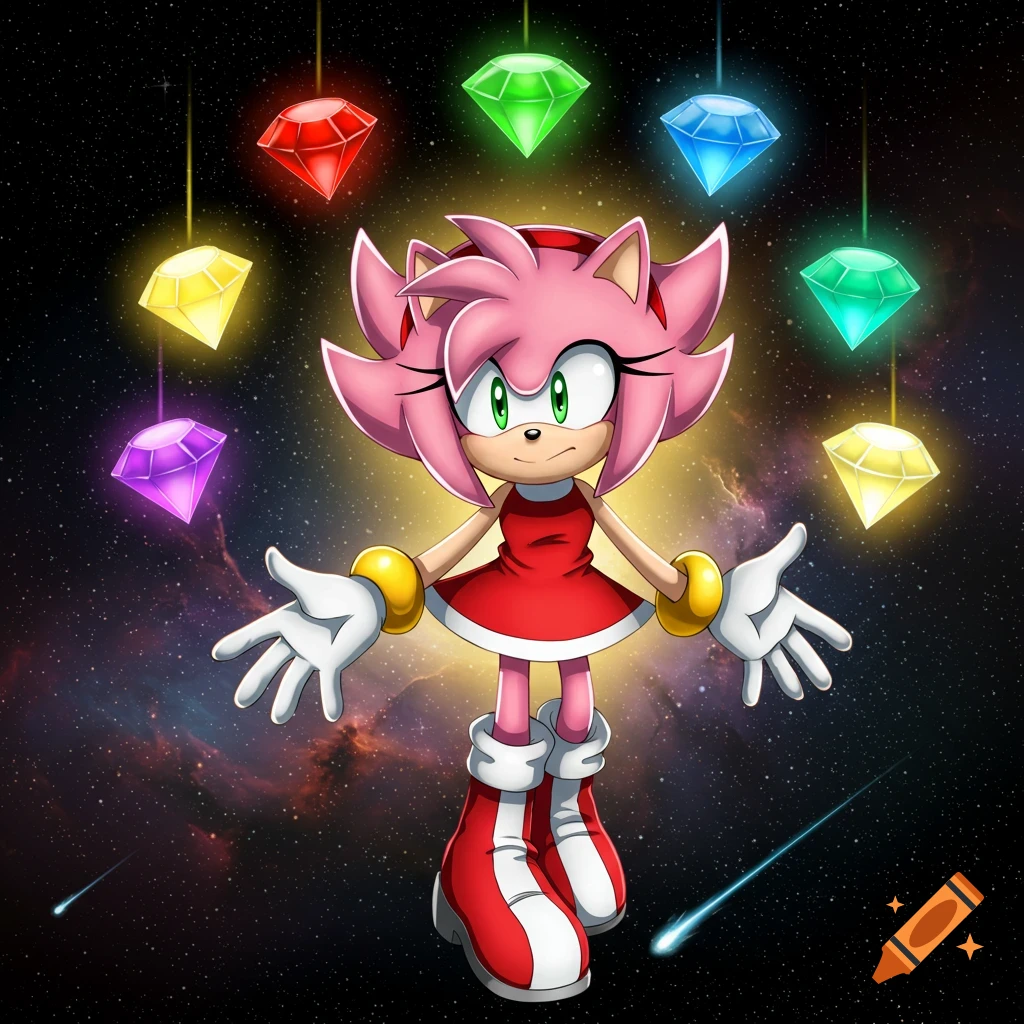 Amy Rose the Hedgehog glows, floating in space surrounded by colorful Chaos Emeralds, in an anime style.