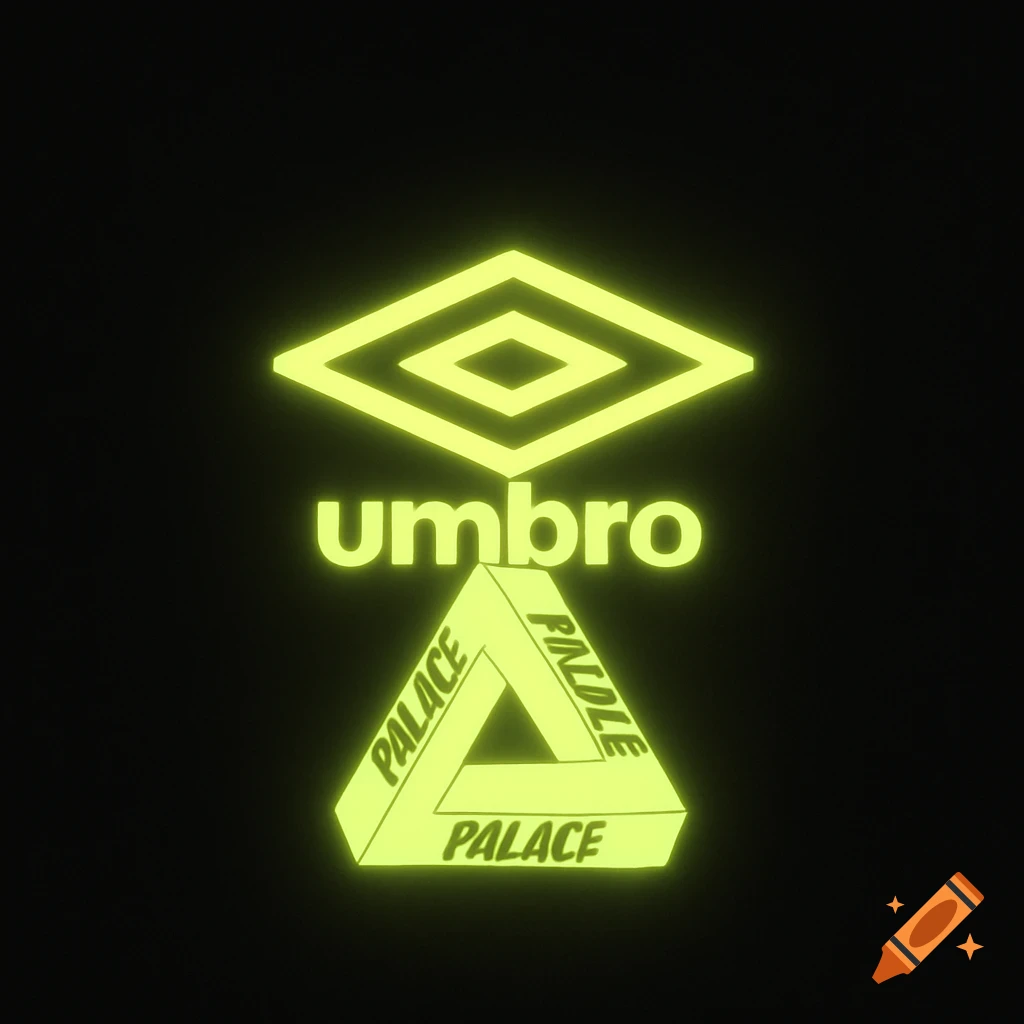 Neon yellow Umbro logo above an impossible triangle Palace logo on a black background.