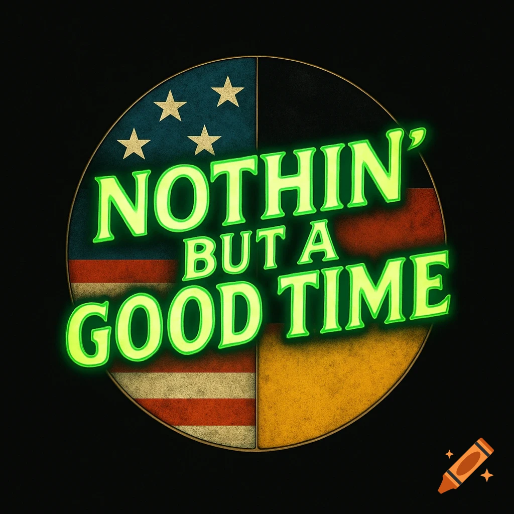 Circular logo with a split background of the American and German flags, featuring glowing green text 'NOTHIN' BUT A GOOD TIME'.