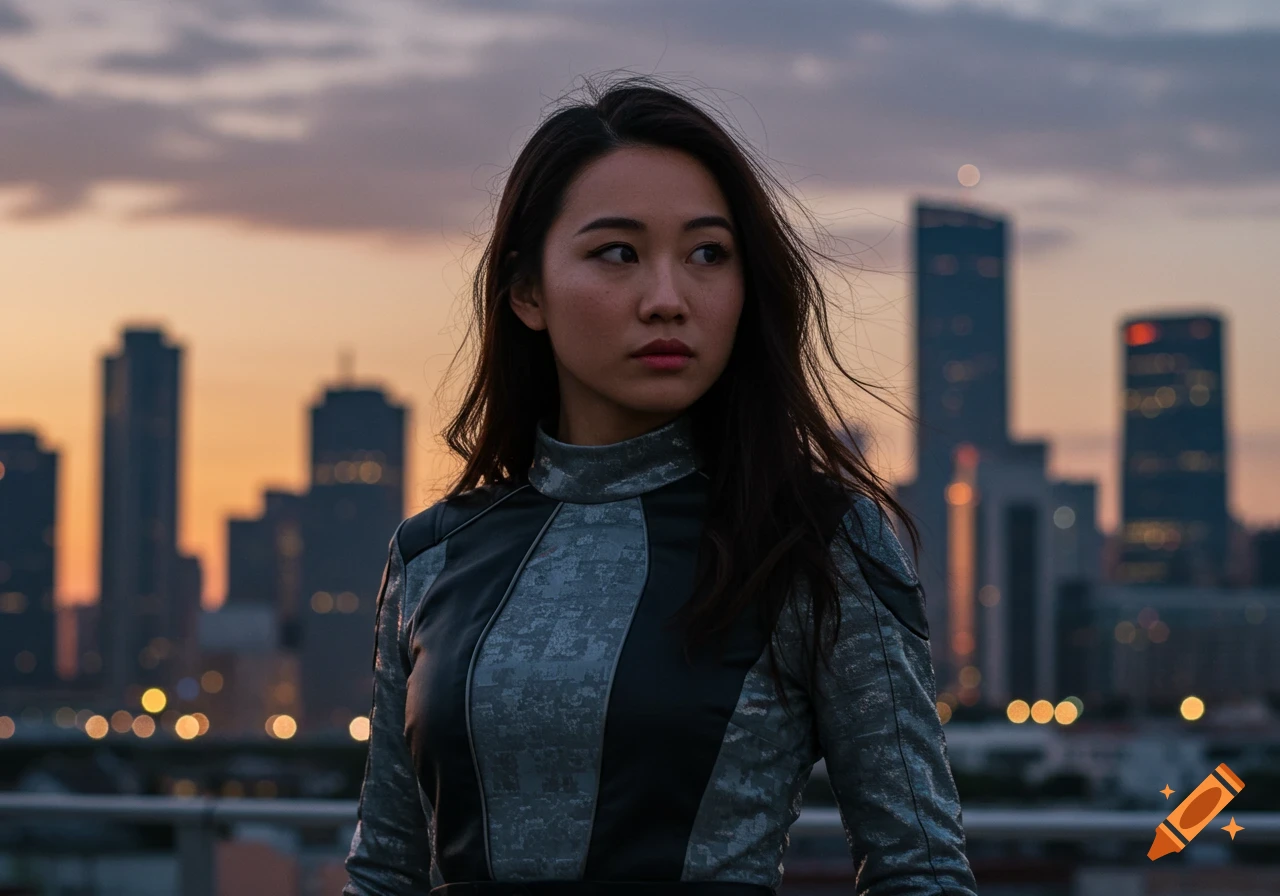 A young Asian woman in a dark and grey futuristic suit stands against a blurred city skyline at sunset.