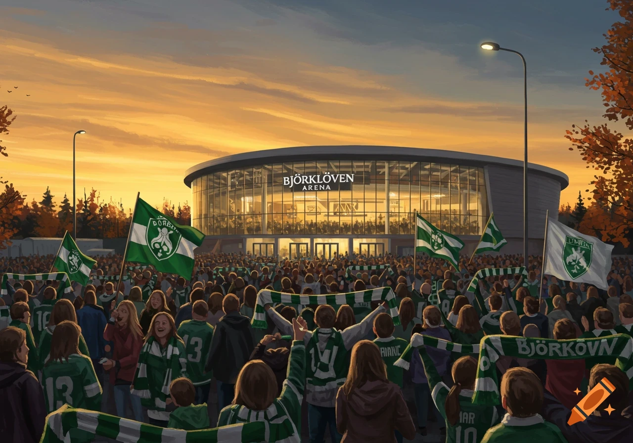 An illustration of a large crowd of green-clad sports fans with flags and scarves outside the BJÖRKLÖVEN ARENA at sunset.