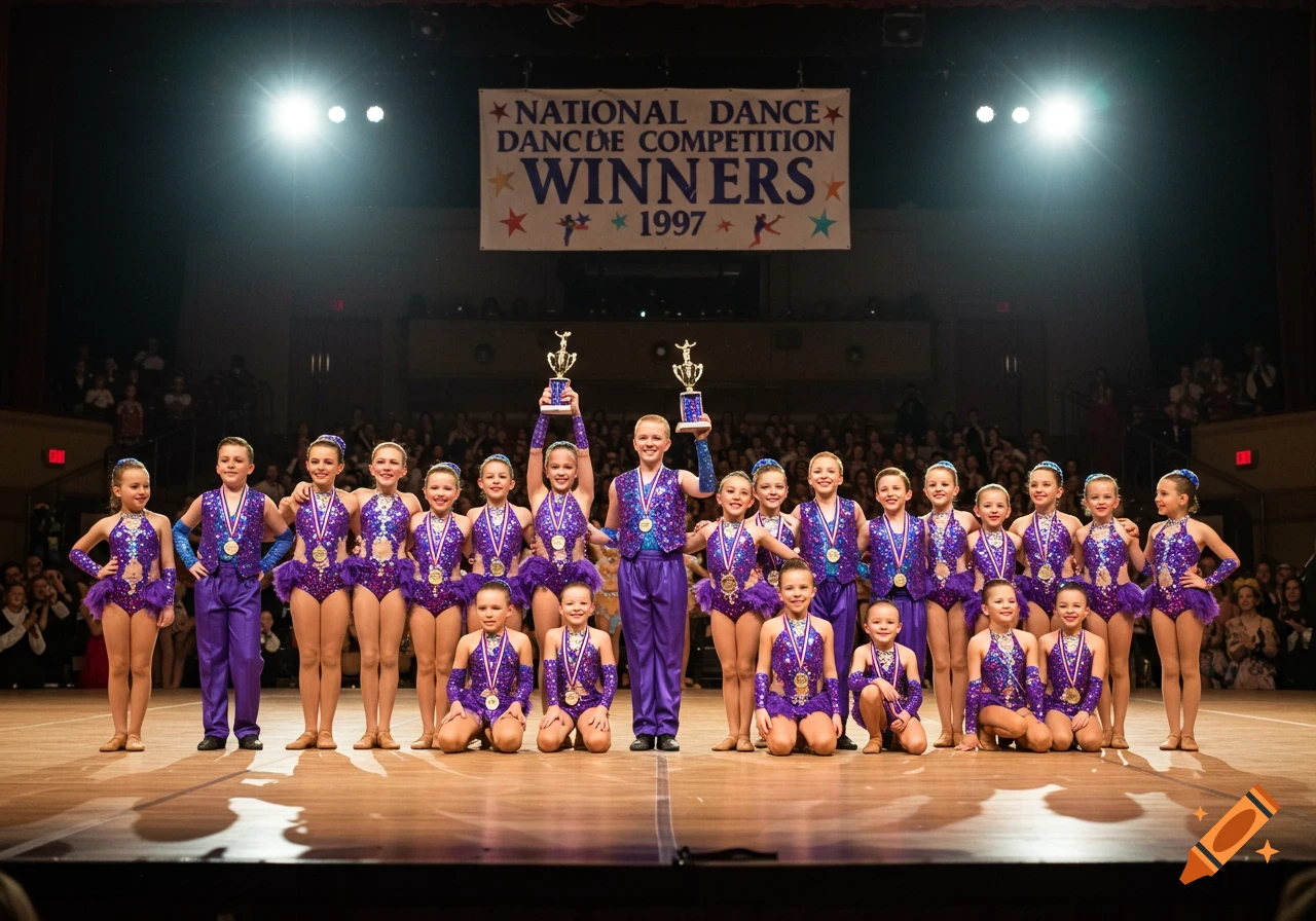 A group of smiling preteen dancers in sparkly purple costumes pose with trophies on a stage with a banner that reads "NATIONAL DANCDE COMPETITION WINNERS 1997".